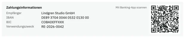 Payment details on a Saldiqo invoice with IBAN, payment reference and GiroCode